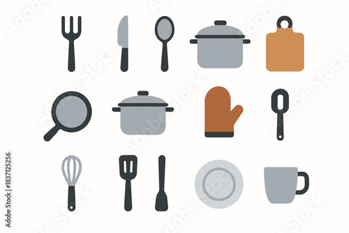 Cup minimal knife vector plate spatula cutting icons cooking spoon board pan