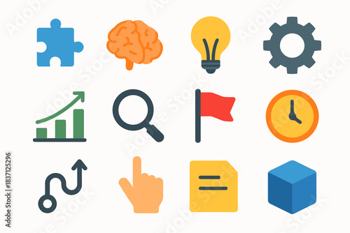 Flag solving puzzle chart bulb vector clock problem cube icons piece icon
