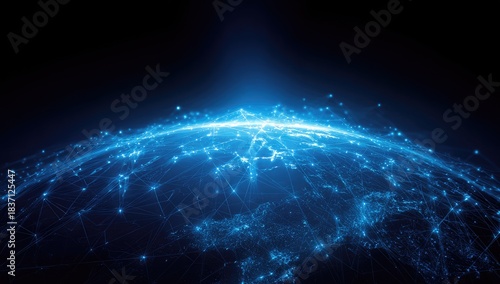 Luminous network nodes and lines flow across a globe-like curvature on a dark backdrop, glowing bright blue with ethereal light