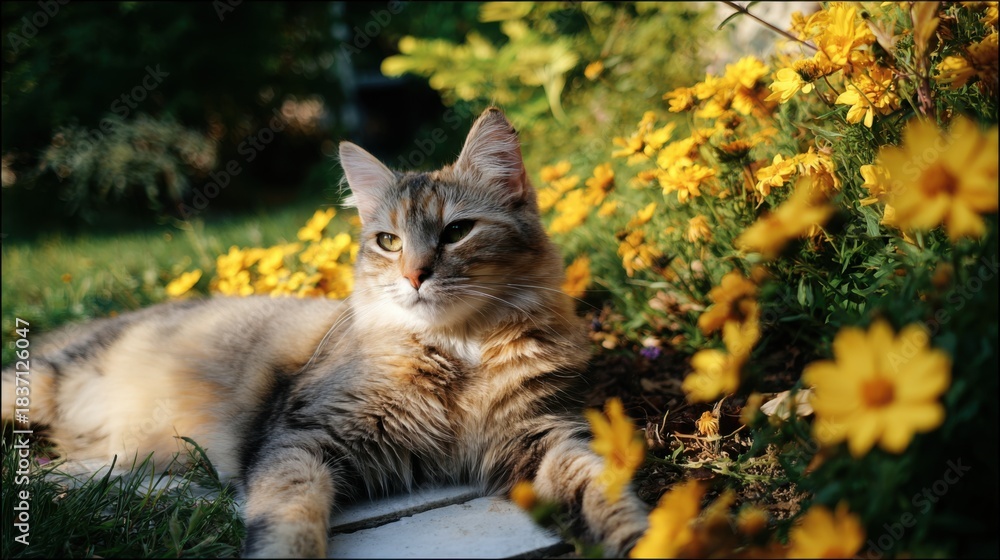 Obraz premium Cozy Cat Among Blossoms: A fluffy cat rests amidst a vibrant garden of yellow flowers and verdant grass, basking in the sun's warm embrace.