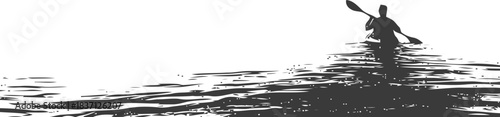 Monochrome illustration of a person kayaking on water with a paddle in hand for watersport enjoyment