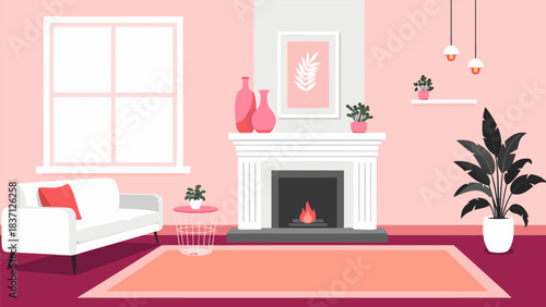 A cozy and elegant modern living room interior design featuring a warm fireplace, comfortable sofa, and decorative plants, enhanced by soft pastel colors creating a peaceful home aesthetic