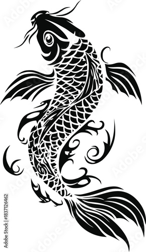 Elegant monochrome depiction of a Koi fish, a symbol of perseverance and good fortune