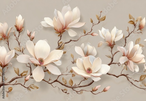 Soft magnolia blossoms delicately intertwine with branching stems against a pale tan backdrop. Delicate, floral pattern