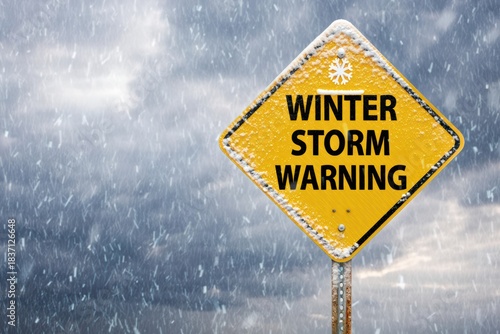 Winter yellow storm warning road sign during heavy snow and blizzard conditions.