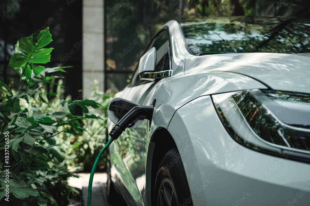Fototapeta premium Modern electric vehicle charging station in lush greenery setting