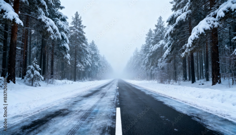 Obraz premium Empty winter road through snowy forest with fog and icy pavement.