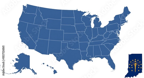 Simplified, blue-toned map of the United States with state outlines, Alaska, Hawaii, and Indiana flag