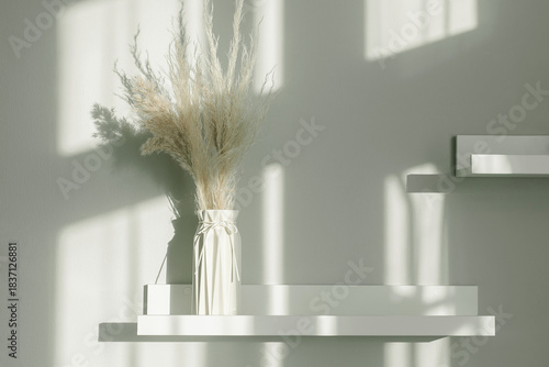 Home interior floral decor. Dried flowers in vase on white shelf. Background with shadow lights. Color of the Year 2026 Cloud Dancer