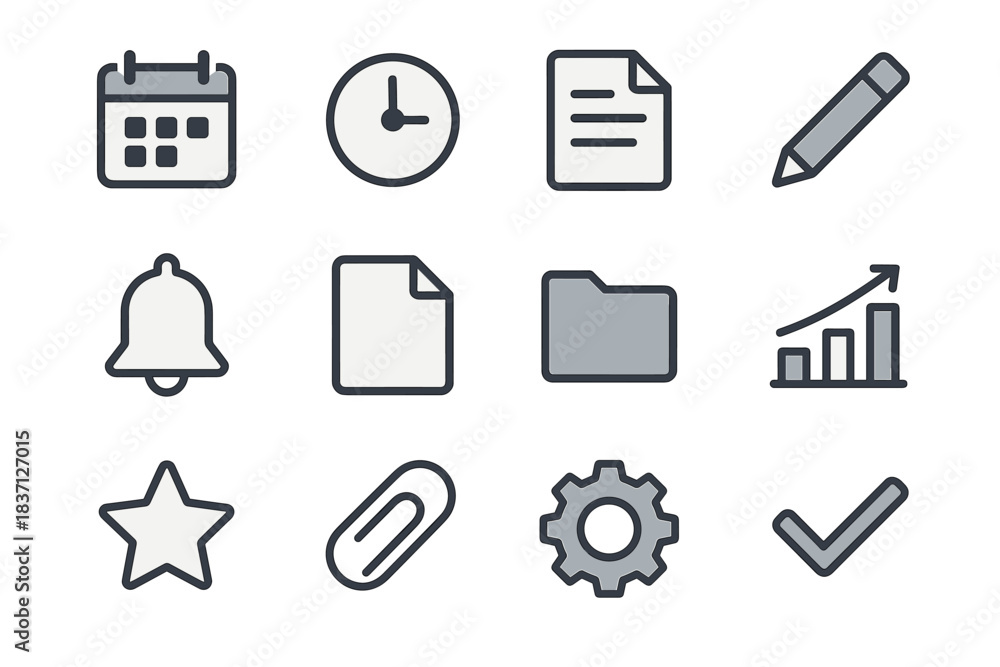 Fototapeta premium Vector star paperclip calendar folder note page pencil icon minimalist grid checkmark