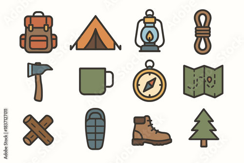 Mug lantern axe icons camping sleeping map essentials compass vector bag tree