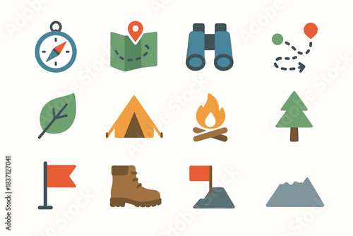 Mountain boot leaf flag compass path binoculars campfire vector navigation outdoor icon
