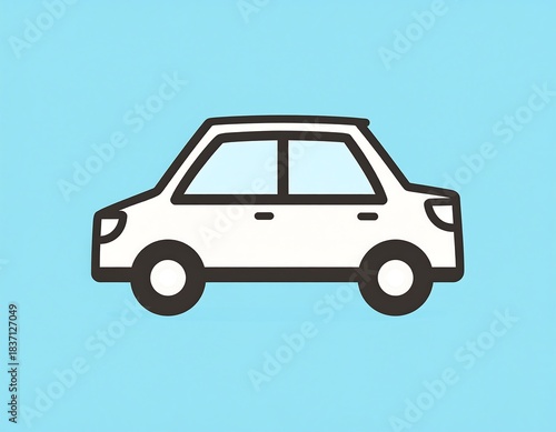 Simple white car illustration with black outlines, set against a light-blue background