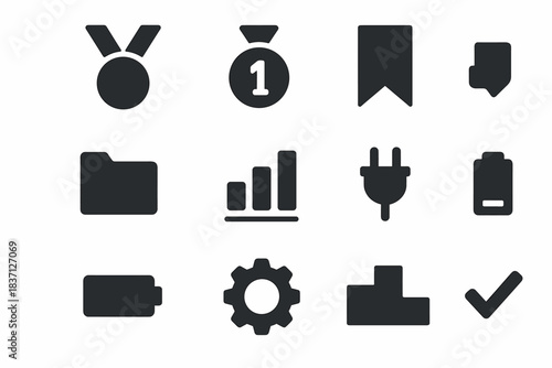 Flat tag gear icon plug icons competition symbol vector podium checkmark chart