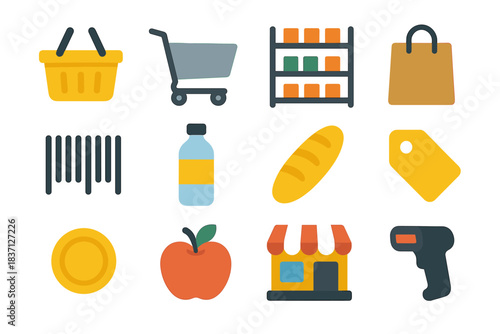 Bread icon bag trolley barcode shelf set apple scanner basket supermarket vector