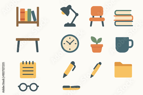 Room plant clock glasses pen mug study table vector notepad stack icon