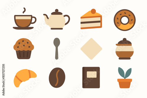Caf cake spoon plant coffee sugar vector icon teapot croissant set muffin
