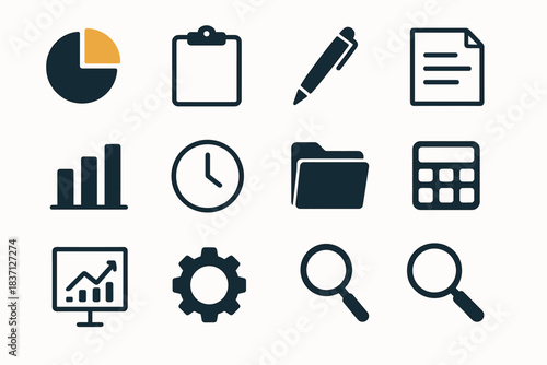 Bar document pen minimalist vector magnifying report sheet chart calculator icon clock