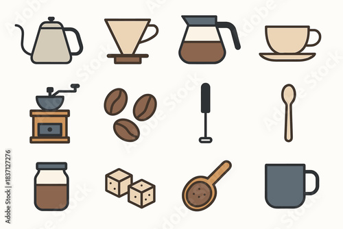 Icon brewing sugar vector drip kettle grinder coffee mug pot icons frother