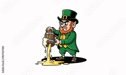 Leprechaun character spilling beer from a barrel in a festive Irish cartoon illustration