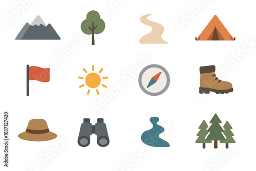 Minimal tree vector boot path river mountain icon hat icons binoculars travel