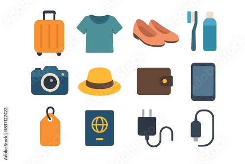 Tag charger icons phone clothes shoes packing bottle wallet icon vector passport