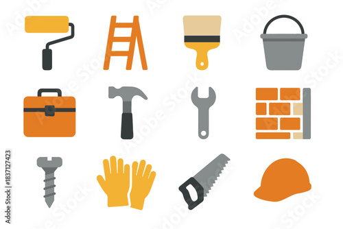 Saw icons wall set gloves ladder renovation icon roller vector toolbox hammer