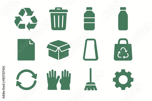 Truck bin icon vector waste bottle gloves bag broom management icons paper