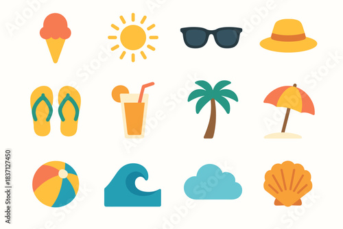 Ball ice set wave summer hat sunglasses sun cream icon vector tree