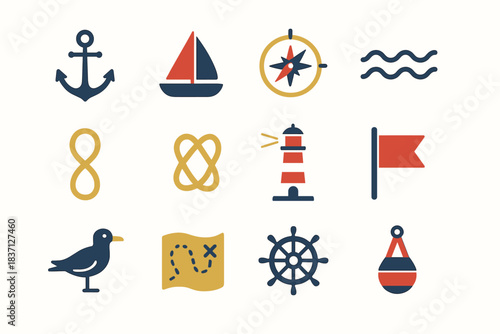 Wheel seagull lighthouse rope set flag buoy compass icon sailboat vector sailing