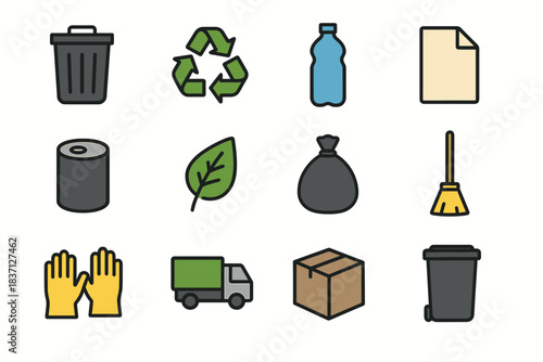 Bottle waste truck gloves management minimalist icon bag broom vector bin garbage