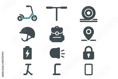 Stand pin scooter phone icon vector set light wheel battery handlebar