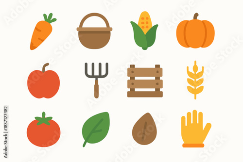 Icon pumpkin icons apple harvest leaf vector glove rake set tomato crate
