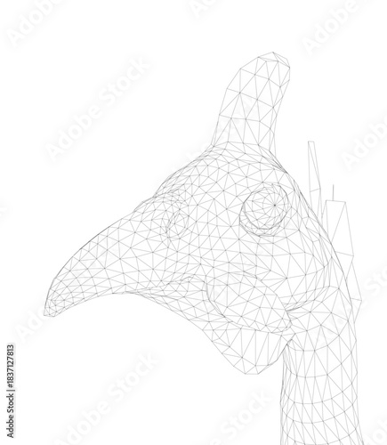 A low poly wireframe giraffe head with a long neck and beak, styled like a guineafowl against a clean white background.
