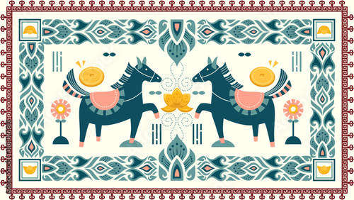 Horse zodiac animals emerald green for carpet and textiles