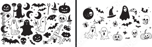 halloween doodle vector, skull pumpkin clipart, spooky icons svg, hand drawn halloween illustration, cute spooky doodles, black halloween sketches, ghost monster art, trick or treat icons, halloween c