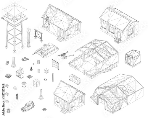 A black and white architectural drawing depicts a complex of military buildings, including a house and tower, amidst destructive actions and weaponry on a white background.