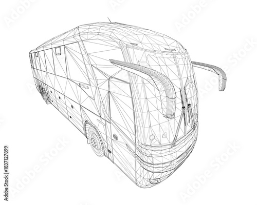 A 3D wireframe model of a bus on a clean white background, showcasing the vehicle's realistic structure and geometric form.