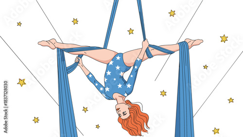 Aerial silk performer in starry leotard suspended upside down, acrobatic pose, night sky theme, vector illustration, isolated on white
