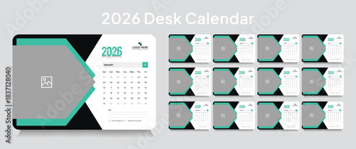 Customizable desk calendar 2026 template, corporate desk calendar schedule 2026 monthly 12-page planner layout, editable vector eps 10 file format