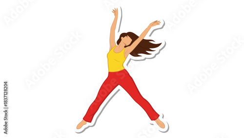 Energetic Young Woman Performing Jumping Jacks Exercise in Yellow Tank Top and Red Pants Against a Black Background Dynamic Pose with Arms Raised and Legs Apart
