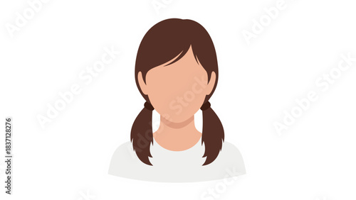 Faceless Person Illustration with Pigtails and White Shirt Against Black Background Simple Graphic Design No Features Visible