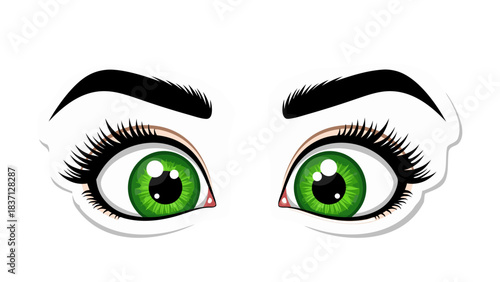 Expressive Cartoon Eyes With Green Iris And Black Pupils Detailed Eyelashes And Eyebrows Against A White Outline On A Transparent Background Vibrant Green Color