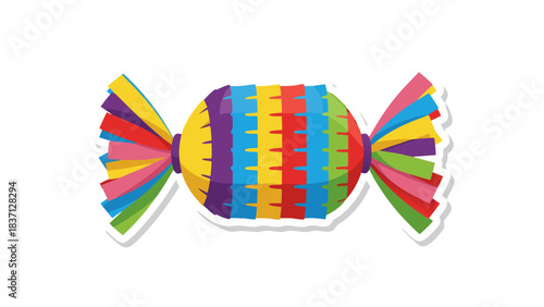 Festive Candy Shaped Pinata With Colorful Tassels and Stripes Against Black Background With White Outline
