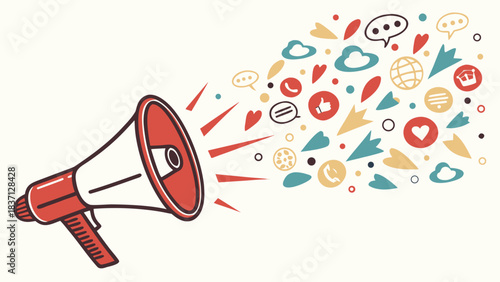 Megaphone vector with icons for likes, messages, and shares exploding in a creative burst.