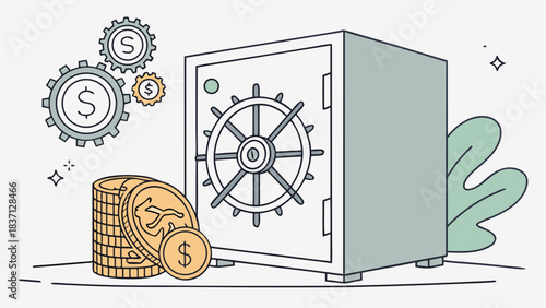 Vector image of a modern safe with gears and coins protruding from the side, symbolizing financial security.
