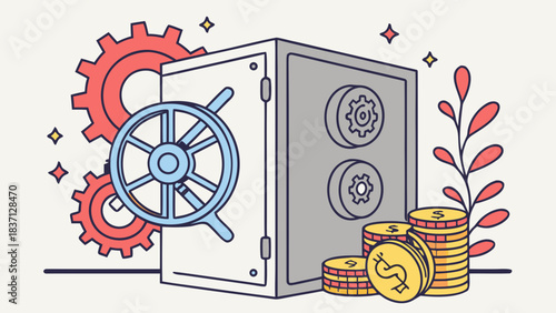 Vector image of a modern safe with gears and coins protruding from the side, symbolizing financial security.