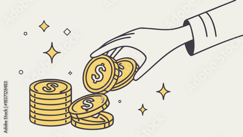 Vector image of a hand holding stylized gold coins with a subtle sheen, representing prosperity and investment.