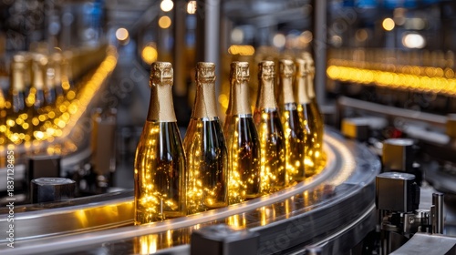 A conveyor belt with bottles of champagne on it