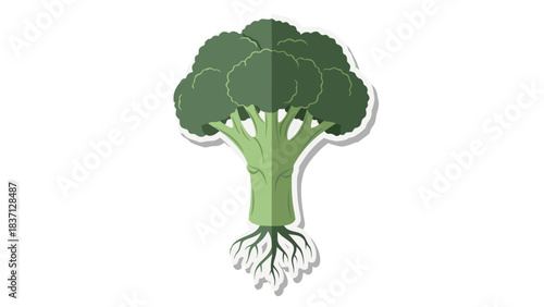 Flat design illustration of a fresh green broccoli with visible roots on a stark black background with a subtle white outline and shadow effect representing healthy organic food and nutrition concept